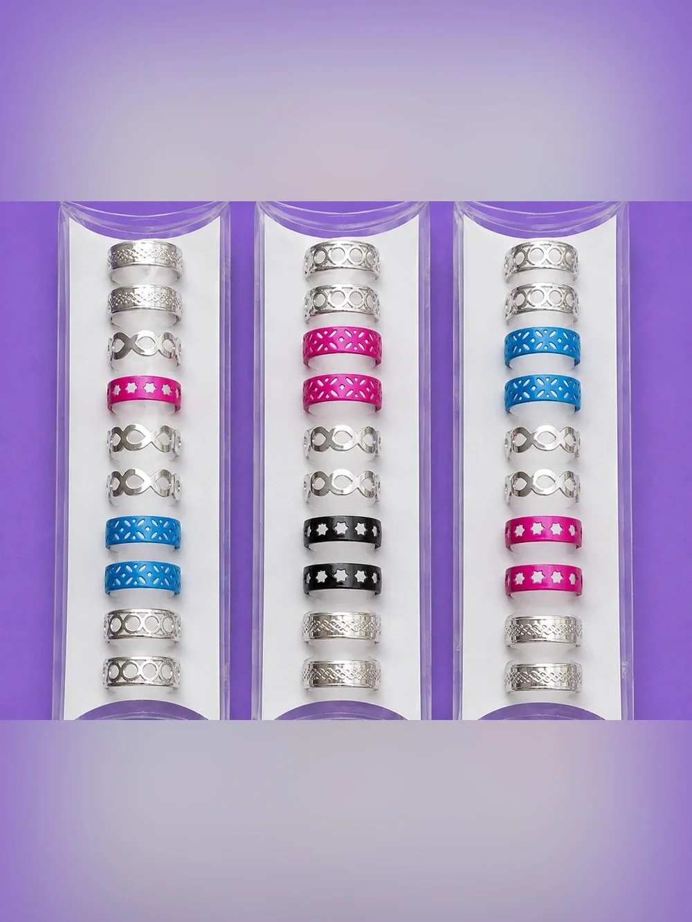 Toe Rings 10-Pack Set - Assorted Silver Tone with Pink, Blue, Black